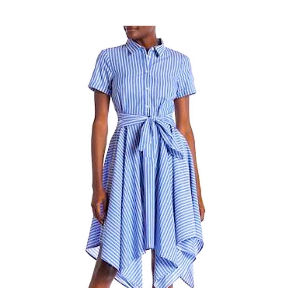 Blue and White Asymmetrical Shirt Dress with Tie Front Size 6